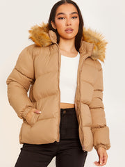 Faux Fur Trim Hood Padded Puffer Jacket