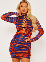 Lace Front Allover Print Stitch Detail Mesh Bodycon Dress