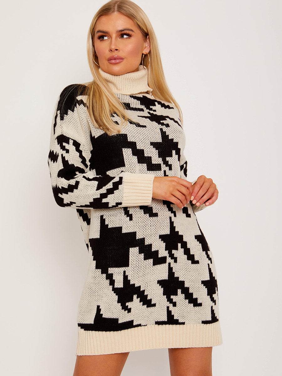 Wholesale Oversized Dogtooth Roll Neck Knitted Jumper Dress Stylewise Direct Wholesale Oversized Dogtooth Roll Neck Knitted Jumper Dress Stylewise Direct