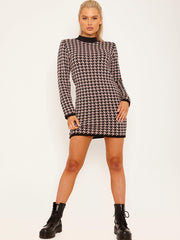 Dogtooth Pattern Knitted Jumper Dress