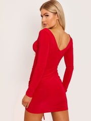 Long Sleeve Plunge Neck Slinky Ruched Dress