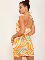 CRISSCROSS HALTERNECKE MARMOMOME DRUCK BODYCON KEISE