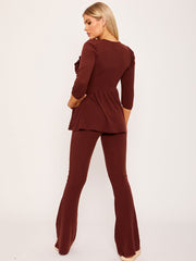 Frill Detail Ribbed Peplum Co-ord