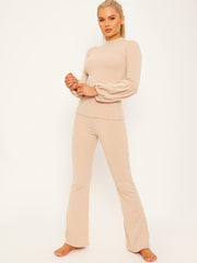 Balloon Sleeve Ribbed Top & Flared Trouser Co-ord