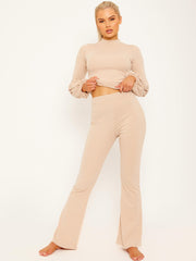 Balloon Sleeve Ribbed Top & Flared Trouser Co-ord