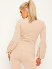 Balloon Sleeve Ribbed Top & Flared Trouser Co-ord