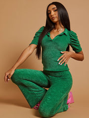 Handdoekstof met pieptophuls en de coörde van de flare broek