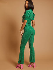 Handdoekstof met pieptophuls en de coörde van de flare broek