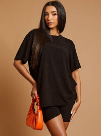Towelling Fabric Oversized Top & Shorts Co-ord - Black