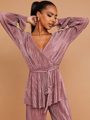 Geplooide wrap voor peplum top en broekcoördinaat