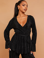 Geplooide wrap voor peplum top en broekcoördinaat