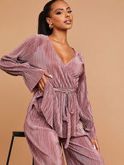 Geplooide wrap voor peplum top en broekcoördinaat