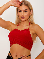 Cross Wrap Halter Crop Top with Chain Detail