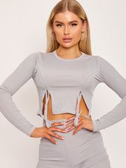 Ribbed Ruched Slit Crop Top and Trouser Co-ord