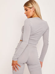 Ribbed Ruched Slit Crop Top and Trouser Co-ord