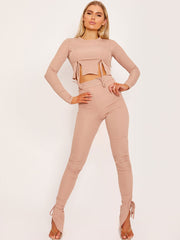 Ribbed Ruched Slit Crop Top and Trouser Co-ord