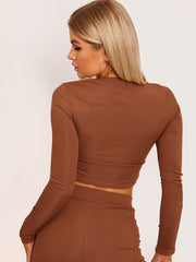 Ribbed Ruched Slit Crop Top and Trouser Co-ord