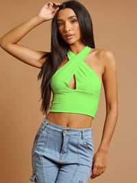 Halterneck Tie-Knot Slinky Crop Top - Neon Green