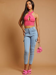 Halterneck Tie-Knot Slinky Crop Top