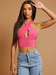 Halterneck Tie-Knot Slinky Crop Top