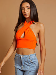 Halterneck Tie-Knot Slinky Crop Top
