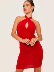 Racer Back Cross Front Slinky Ruched Dress
