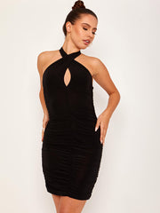 Racer Back Cross Front Slinky Ruched Dress