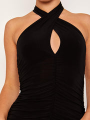 Racer Back Cross Front Slinky Ruched Dress
