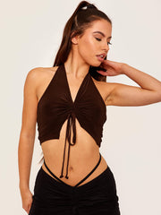 Ruched Front Halter Neck Slinky Crop Top