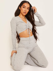 Ribbed Ruched Crop Top & Flared Trouser Co-ord