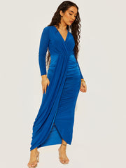 Plunge Neck Slinky Draped Maxi Dress