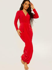 Plunge Neck Slinky Draped Maxi Dress