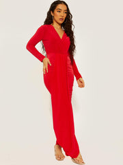 Plunge Neck Slinky Draped Maxi Dress