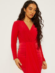 Plunge Neck Slinky Draped Maxi Dress