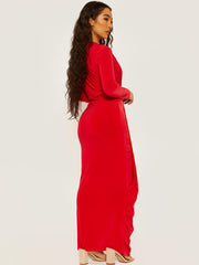 Plunge Neck Slinky Draped Maxi Dress