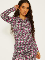 Allover-Druckknopfkragenoberteil und Hosen-Co-ordte