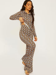 Allover-Druckknopfkragenoberteil und Hosen-Co-ordte