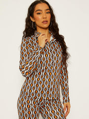 Allover-Druckknopfkragenoberteil und Hosen-Co-ordte