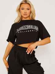 Oversized Los Angeles Graphic Print Varsity Crop Top