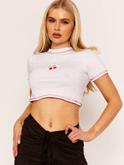 Stitch Detail Embroidered Cherry Crop Top
