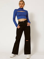 Cut Out Front High Neck Ribbed Crop Top