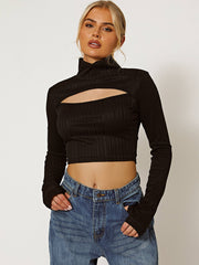 Cut Out Front High Neck Ribbed Crop Top