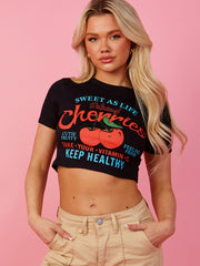 Slogan & Cherry Graphic Crop Top