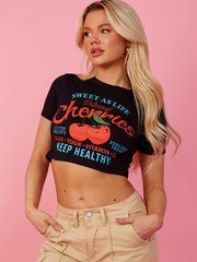 Slogan & Cherry Graphic Crop Top