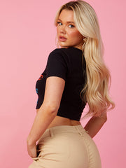 Slogan & Cherry Graphic Crop Top