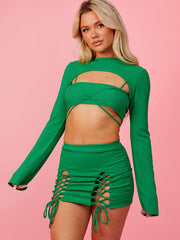 Plain 3 Piece Lace Up Skirt Ribbed Co-ord