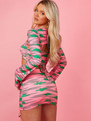 Printed 3 Piece Lace Up Skirt Ribbed Co-ord