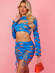 Printed 3 Piece Lace Up Skirt Ribbed Co-ord