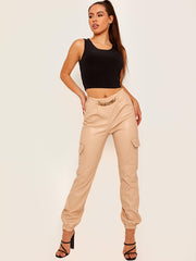 Pantalón de carga de bolsillo de cuero de cuero falso