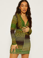 Multicolour Twist Front Collared Bodycon Dress